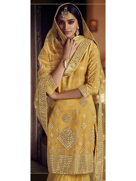 Myra Mustard Yellow Heavy Embroidered Gharara Suit | Grab2Buy