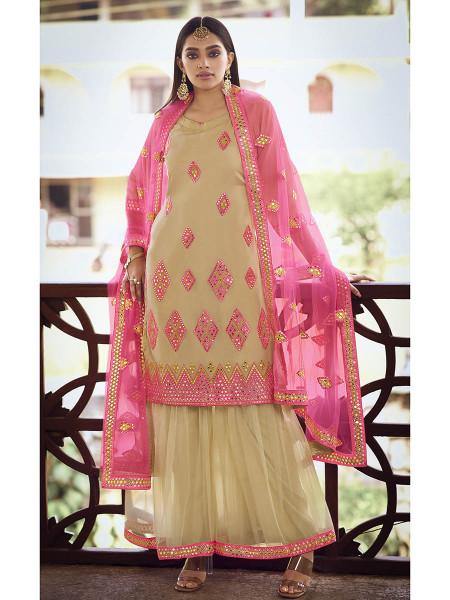 Myra Beige and Pink Heavy Embroidered Gharara Suit | Grab2Buy