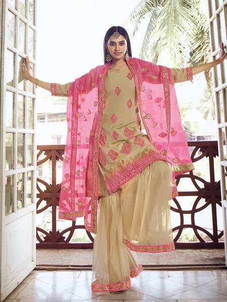 Myra Beige and Pink Heavy Embroidered Gharara Suit | Grab2Buy