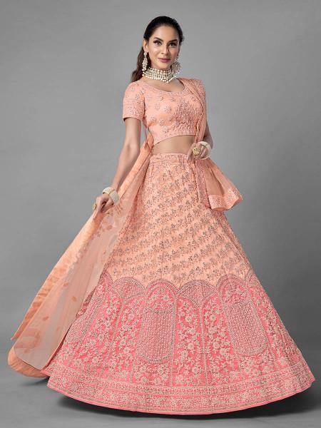 Myra Peach Heavy Embroidered Soft Net Bridal Beautiful Lehenga | Grab2Buy