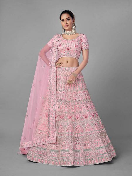 Myra Traditional Bridal Lehenga in Pink Heavy Embroidered Soft Net | Grab2Buy