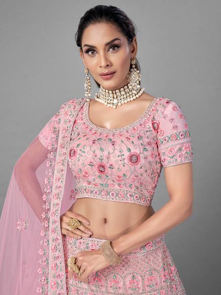 Myra Traditional Bridal Lehenga in Pink Heavy Embroidered Soft Net | Grab2Buy