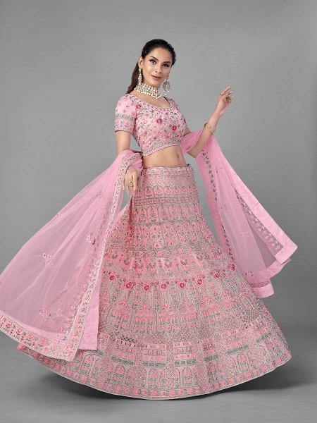 Myra Traditional Bridal Lehenga in Pink Heavy Embroidered Soft Net | Grab2Buy