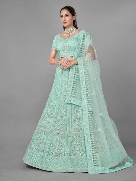 Myra Sea Green Heavy Embroidered Soft Net Bridal Lehenga | Grab2Buy