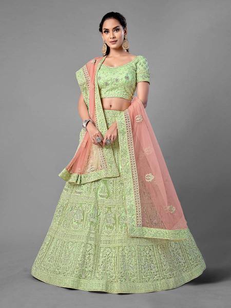 Myra Beautiful Pista Heavy Embroidered Soft Net Traditional Bridal Lehenga | Grab2Buy