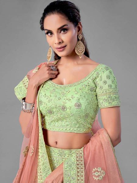 Myra Beautiful Pista Heavy Embroidered Soft Net Traditional Bridal Lehenga | Grab2Buy