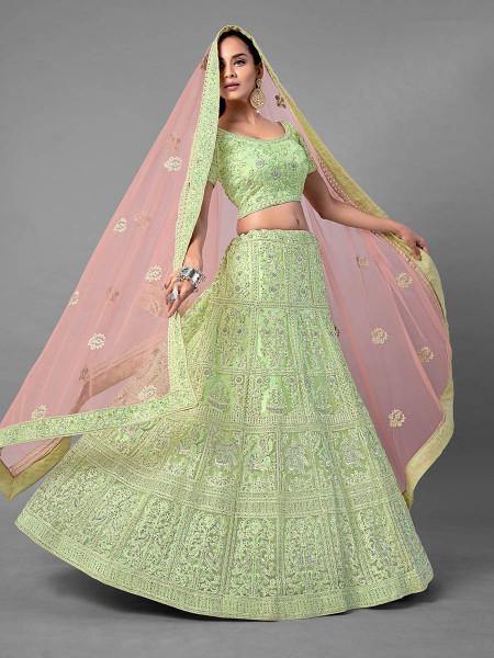 Myra Beautiful Pista Heavy Embroidered Soft Net Traditional Bridal Lehenga | Grab2Buy