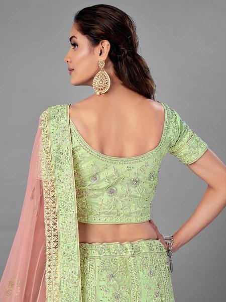 Myra Beautiful Pista Heavy Embroidered Soft Net Traditional Bridal Lehenga | Grab2Buy