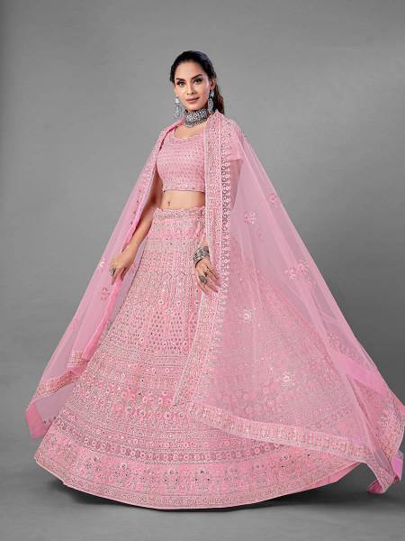 Myra Fashion Pink Heavy Embroidered Soft Net Bridal Lehenga | Grab2Buy