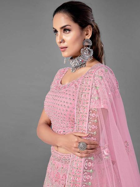 Myra Fashion Pink Heavy Embroidered Soft Net Bridal Lehenga | Grab2Buy