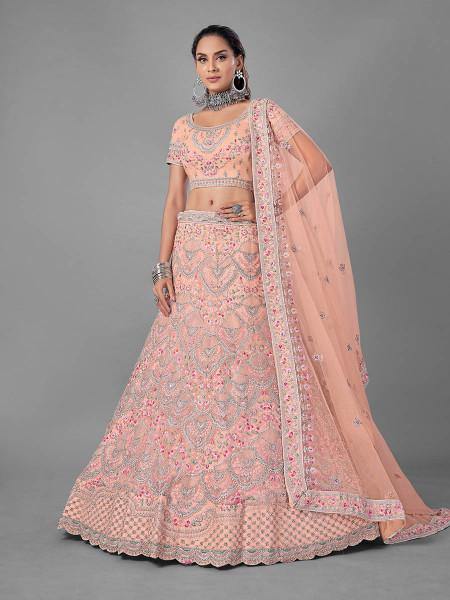 Myra Peach Heavy Embroidered Soft Net Bridal Lehenga For Women | Grab2Buy