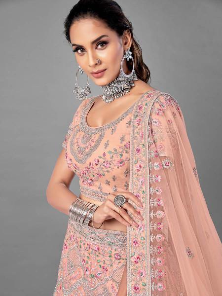 Myra Peach Heavy Embroidered Soft Net Bridal Lehenga For Women | Grab2Buy