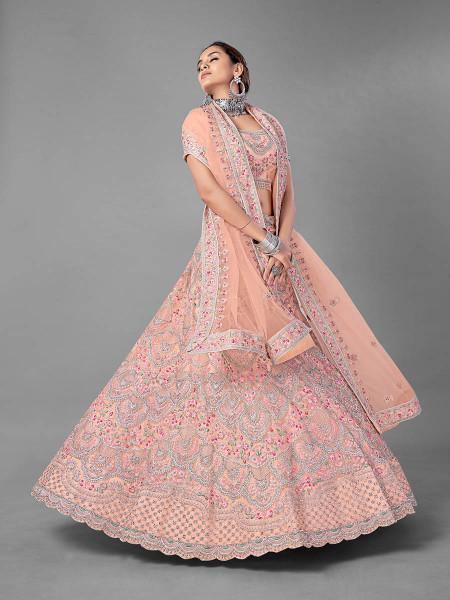 Myra Peach Heavy Embroidered Soft Net Bridal Lehenga For Women | Grab2Buy