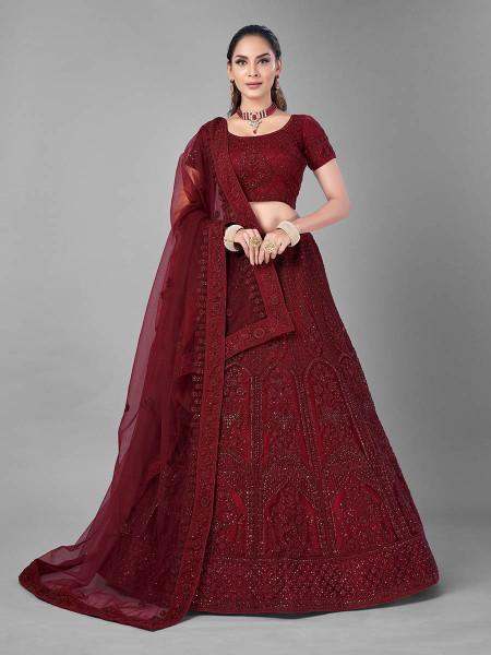 Myra Beautiful Red Heavy Embroidered Soft Net Bridal Lehenga | Grab2Buy