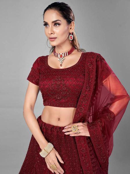 Myra Beautiful Red Heavy Embroidered Soft Net Bridal Lehenga | Grab2Buy