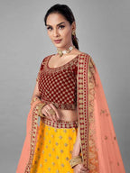 Myra Musturd Heavy Embroidered Soft Net and Velvet Bridal Lehenga | Grab2Buy