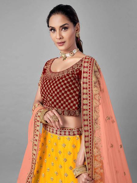 Myra Musturd Heavy Embroidered Soft Net and Velvet Bridal Lehenga | Grab2Buy