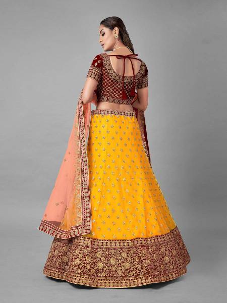 Myra Musturd Heavy Embroidered Soft Net and Velvet Bridal Lehenga | Grab2Buy