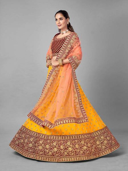 Myra Musturd Heavy Embroidered Soft Net and Velvet Bridal Lehenga | Grab2Buy
