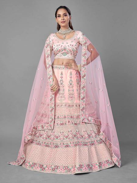 Myra Beautiful Pink Heavy Embroidered Soft Net Bridal Lehenga | Grab2Buy