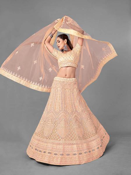 Myra Fashion Peach Heavy Embroidered Soft Net Bridal Lehenga | Grab2Buy