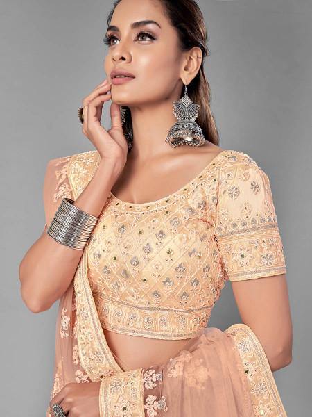 Myra Fashion Peach Heavy Embroidered Soft Net Bridal Lehenga | Grab2Buy