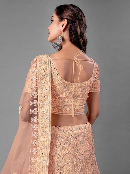 Myra Fashion Peach Heavy Embroidered Soft Net Bridal Lehenga | Grab2Buy