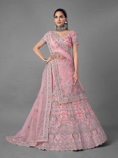 Myra Pink Heavy Embroidered Soft Net Bridal Lehenga | Grab2Buy
