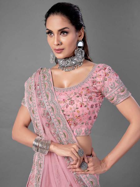 Myra Pink Heavy Embroidered Soft Net Bridal Lehenga | Grab2Buy