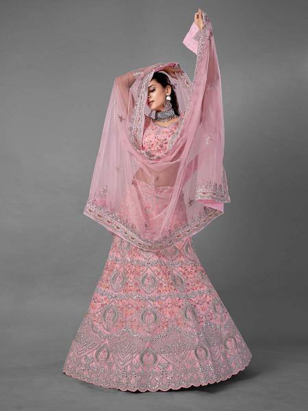 Myra Pink Heavy Embroidered Soft Net Bridal Lehenga | Grab2Buy
