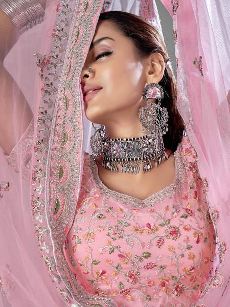 Myra Pink Heavy Embroidered Soft Net Bridal Lehenga | Grab2Buy