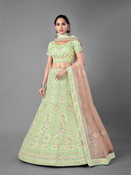 Myra Bridal Lehenga in Pista Heavy Embroidered Soft Net | Grab2Buy