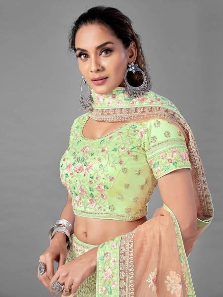 Myra Bridal Lehenga in Pista Heavy Embroidered Soft Net | Grab2Buy