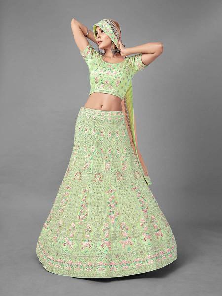 Myra Bridal Lehenga in Pista Heavy Embroidered Soft Net | Grab2Buy