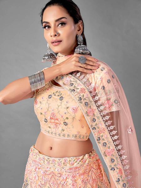 Myra Beautiful Peach Heavy Embroidered Soft Net Traditional Bridal Lehenga | Grab2Buy