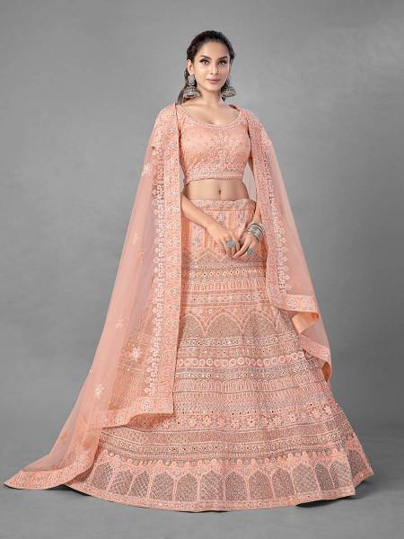 Myra Beautiful Peach Heavy Embroidered Soft Net Bridal Lehenga | Grab2Buy
