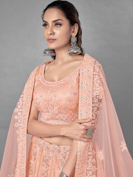 Myra Beautiful Peach Heavy Embroidered Soft Net Bridal Lehenga | Grab2Buy