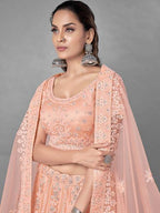 Myra Beautiful Peach Heavy Embroidered Soft Net Bridal Lehenga | Grab2Buy