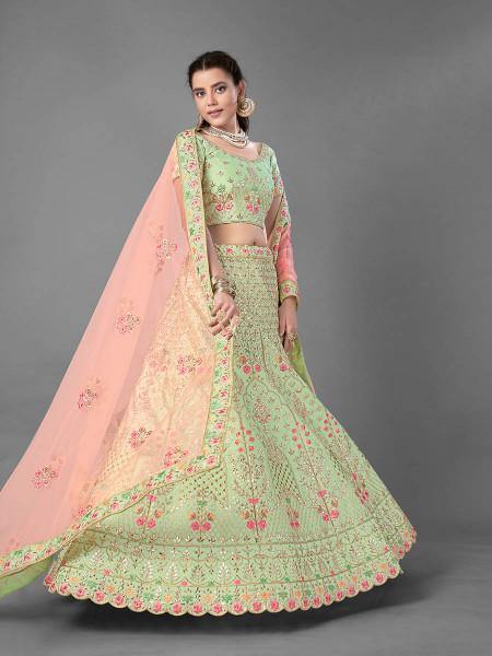 Myra Beautiful Pista Heavy Embroidered Art Silk Bridal Lehenga | Grab2Buy
