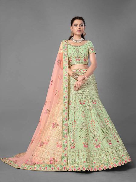 Myra Beautiful Pista Heavy Embroidered Art Silk Bridal Lehenga | Grab2Buy