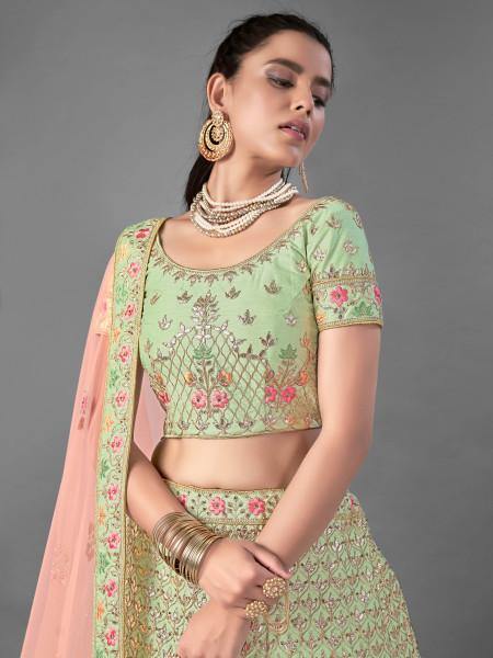Myra Beautiful Pista Heavy Embroidered Art Silk Bridal Lehenga | Grab2Buy