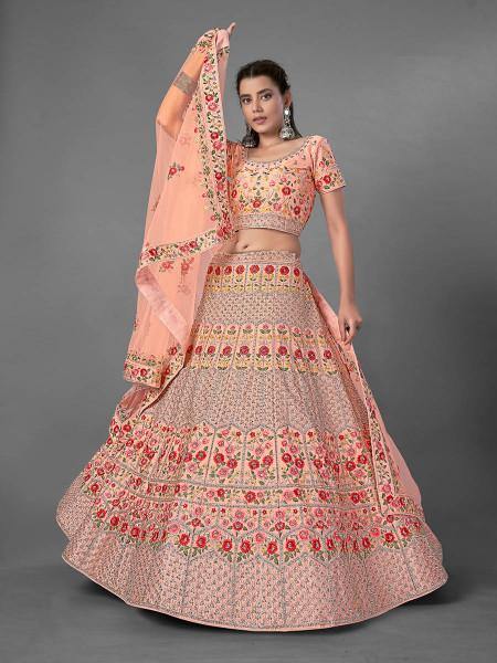 Myra Peach Heavy Embroidered Art Silk Bridal Lehenga | Grab2Buy
