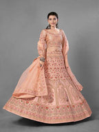 Myra Peach Heavy Embroidered Satin Bridal Lehenga | Grab2Buy
