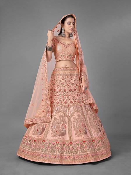 Myra Peach Heavy Embroidered Satin Bridal Lehenga | Grab2Buy