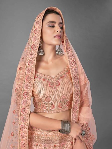 Myra Peach Heavy Embroidered Satin Bridal Lehenga | Grab2Buy