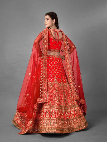 Myra Red Heavy Embroidered Satin Bridal Lehenga | Grab2Buy