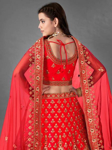 Myra Red Heavy Embroidered Satin Bridal Lehenga | Grab2Buy