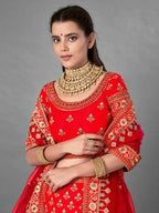 Myra Red Heavy Embroidered Satin Bridal Lehenga | Grab2Buy