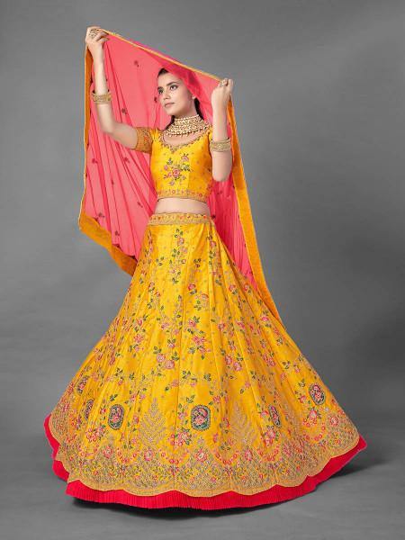 Myra Beautiful Yellow Heavy Embroidered Art Silk Bridal Lehenga | Grab2Buy