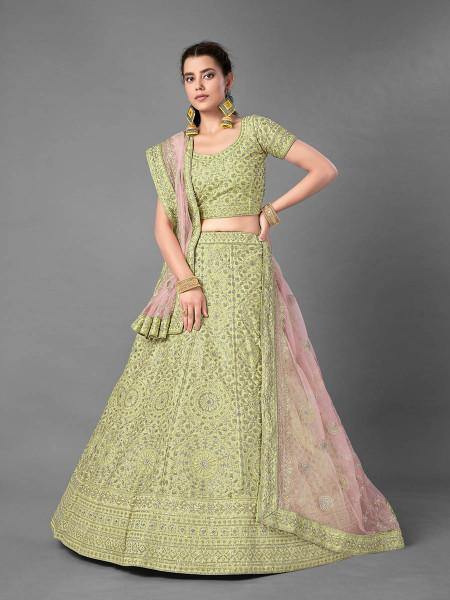 Myra Pista Heavy Embroidered Art Silk Bridal Lehenga | Grab2Buy